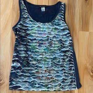 Blue Graphic Ruffled Sleeveless Tank Top